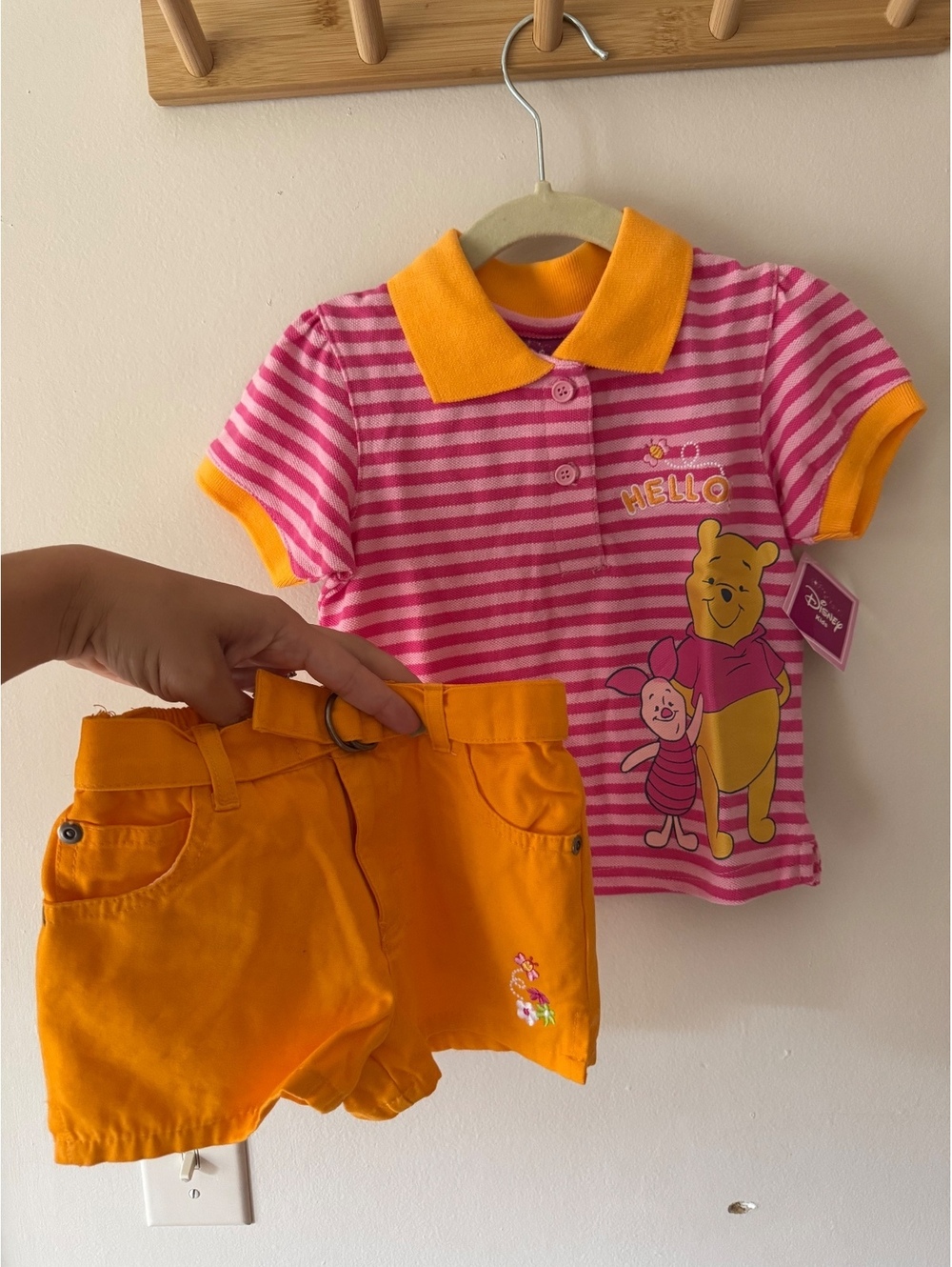 Vtg 90s Disney Winnie the Pooh Pink Striped Polo and Orange Shorts Set